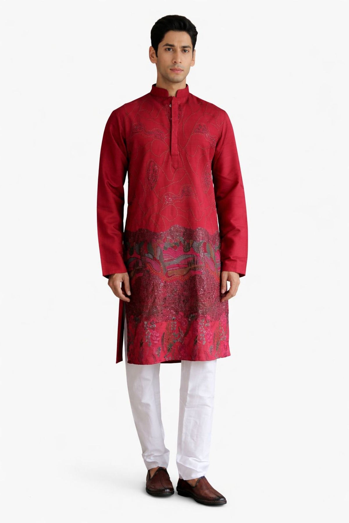 Nexoira Men Embroidered, Abstract Flared Kurta (Maroon) - view 1