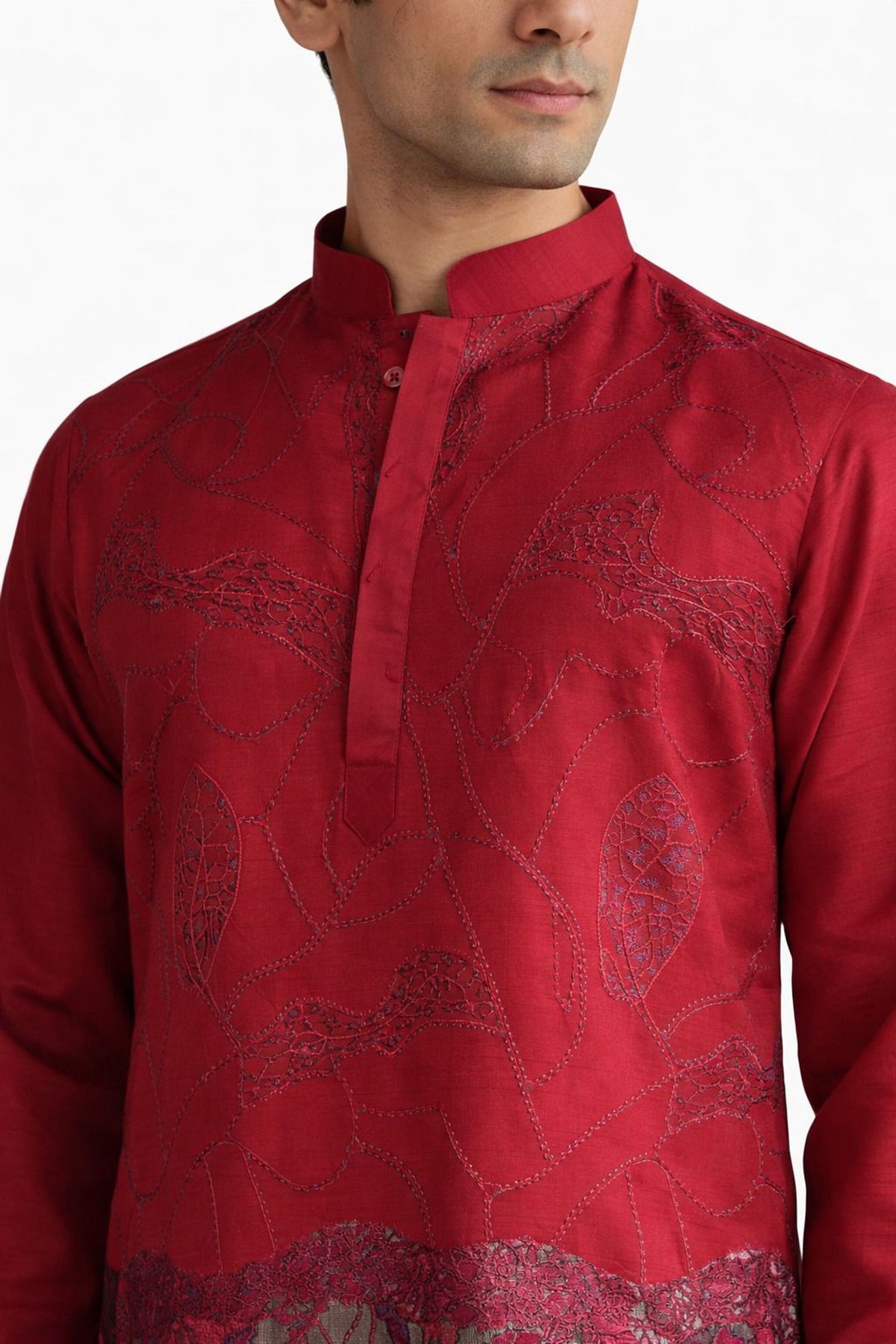 Nexoira Men Embroidered, Abstract Flared Kurta (Maroon) - view 4