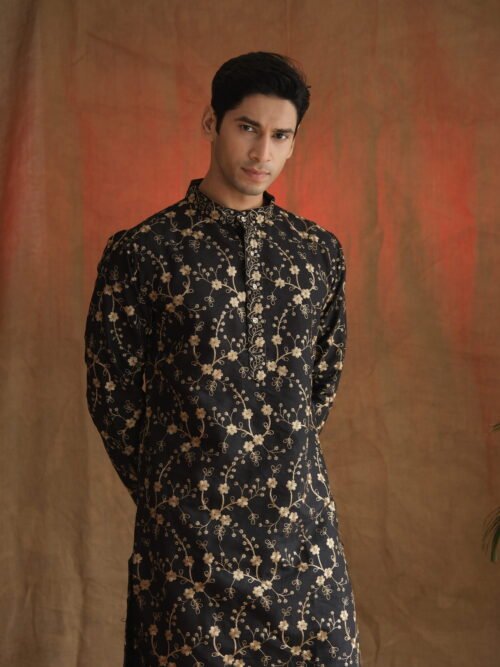 Men's Black All-Over Threadwork Embroidered Kurta