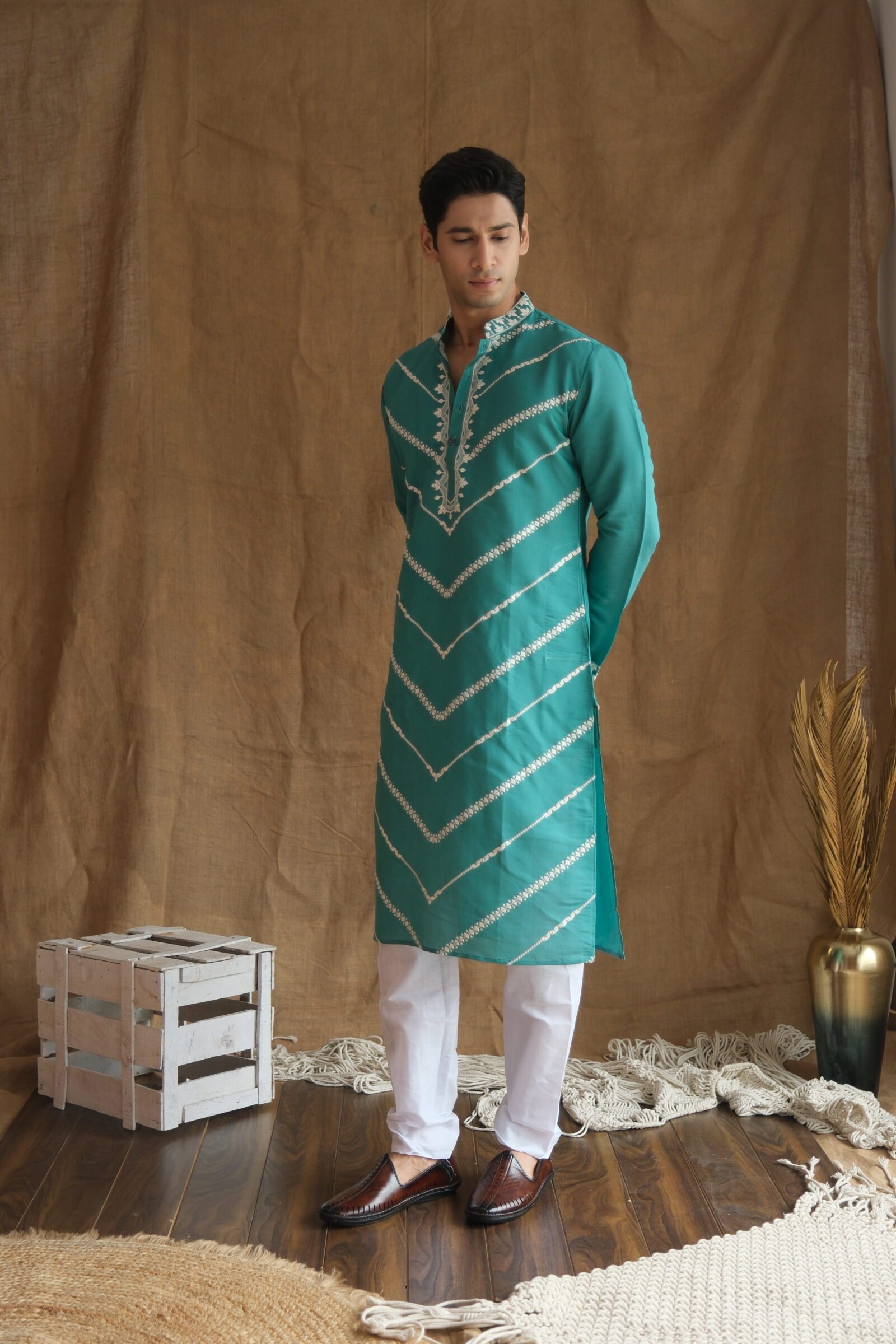 Men's Rama Leheriya Embroidered Sequined  Cotton Silk Kurta