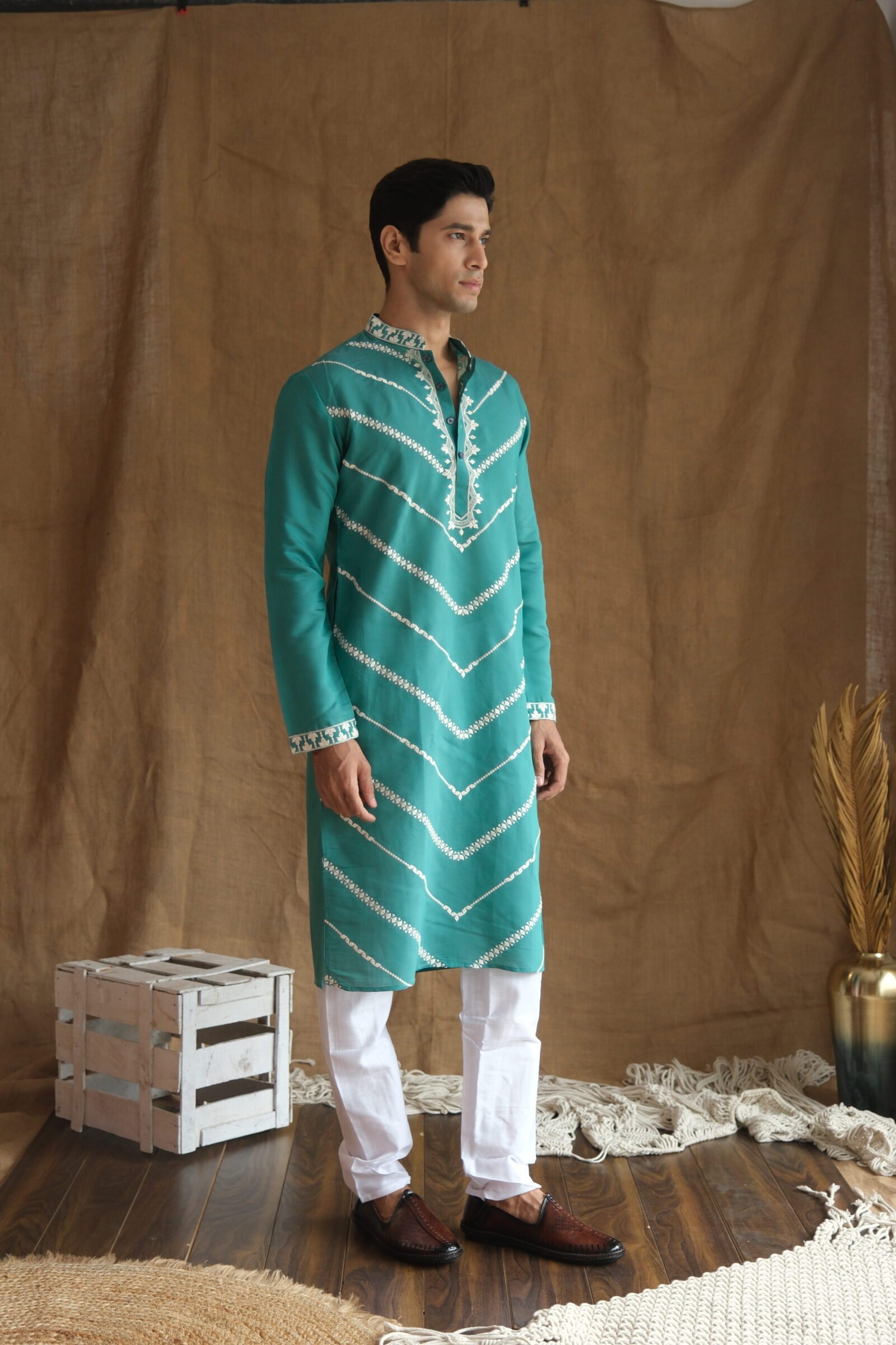 Men's Rama Leheriya Embroidered Sequined  Cotton Silk Kurta