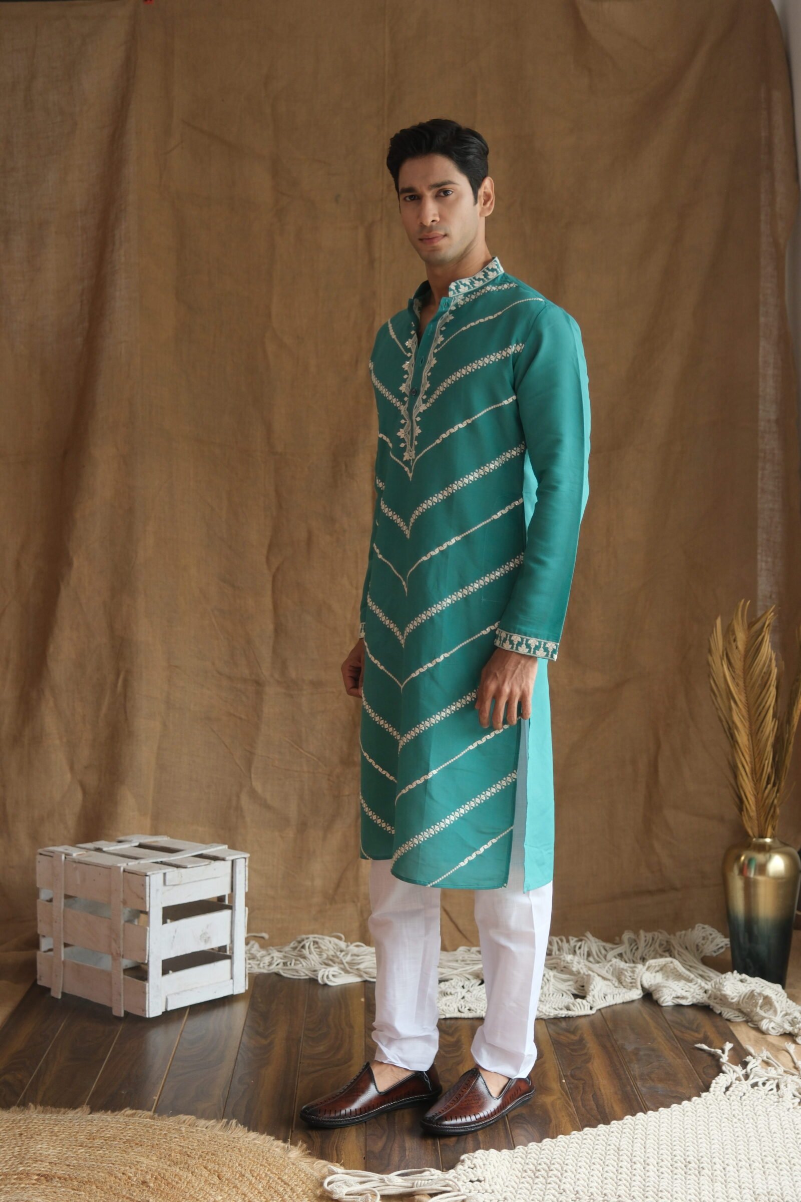 Men's Rama Leheriya Embroidered Sequined  Cotton Silk Kurta
