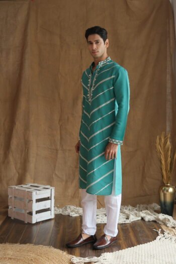 Men's Rama Leheriya Embroidered Sequined  Cotton Silk Kurta