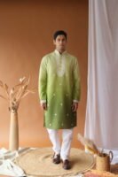 Green Cotton Silk Embroidered Work Kurta for Men