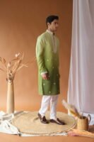 Green Cotton Silk Embroidered Work Kurta for Men