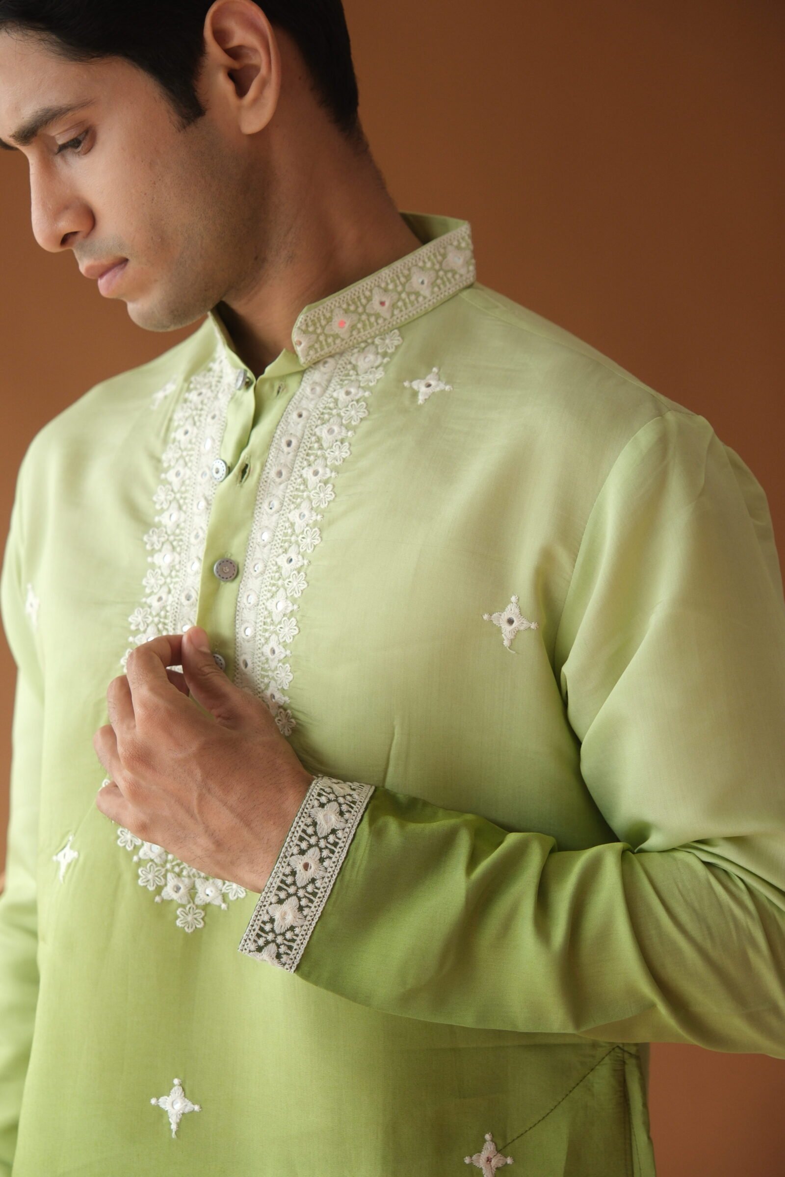 Green Cotton Silk Embroidered Work Kurta for Men