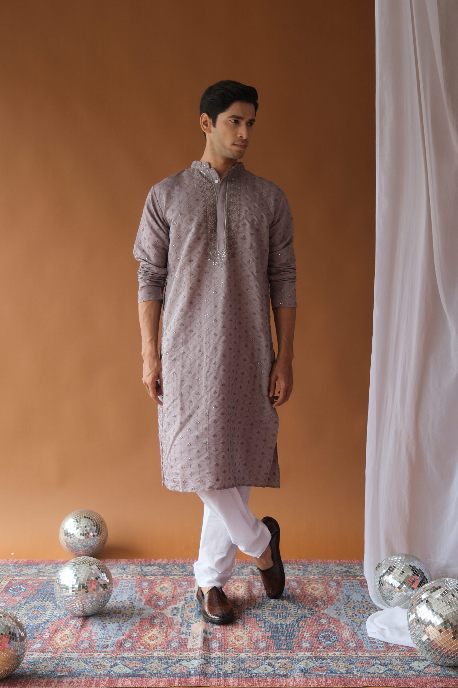 Dusty Lavender Embroidered Sequined Cotton Silk Kurta For Men