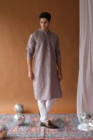 Dusty Lavender Embroidered Sequined Cotton Silk Kurta For Men