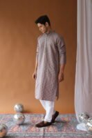Dusty Lavender Embroidered Sequined Cotton Silk Kurta For Men