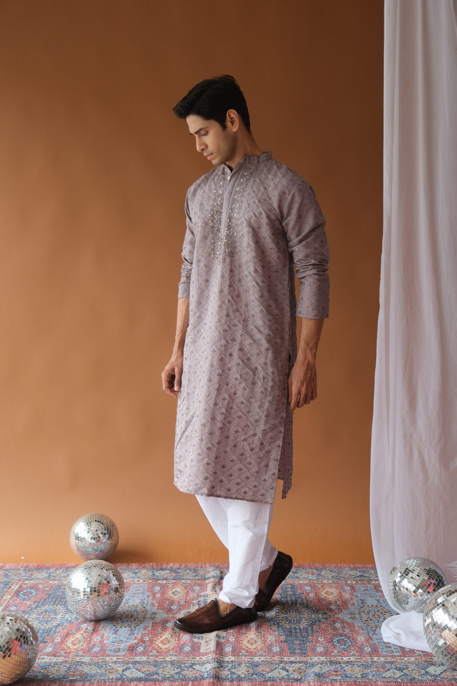 Dusty Lavender Embroidered Sequined Cotton Silk Kurta For Men