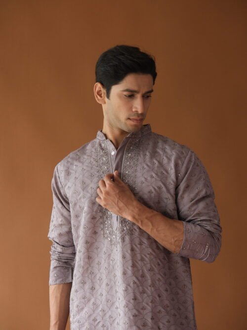 Dusty Lavender Embroidered Sequined Cotton Silk Kurta For Men