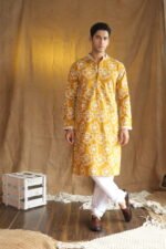Men's Mustard Floral Embroidered Cotton Silk Kurta