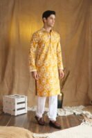Men's Mustard Floral Embroidered Cotton Silk Kurta
