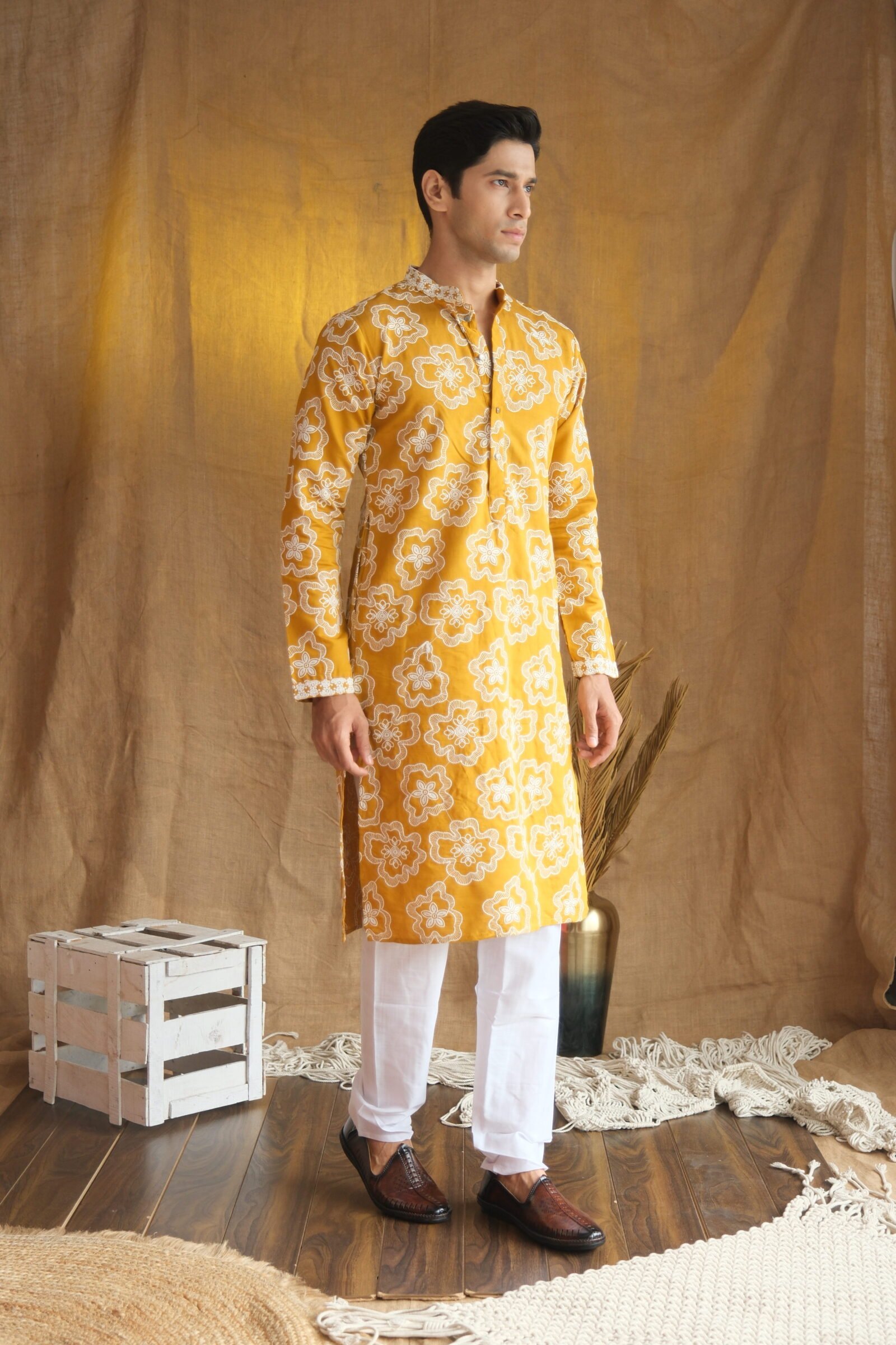 Men's Mustard Floral Embroidered Cotton Silk Kurta