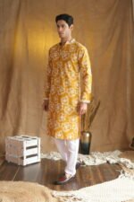 Men's Mustard Floral Embroidered Cotton Silk Kurta