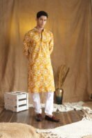 Men's Mustard Floral Embroidered Cotton Silk Kurta
