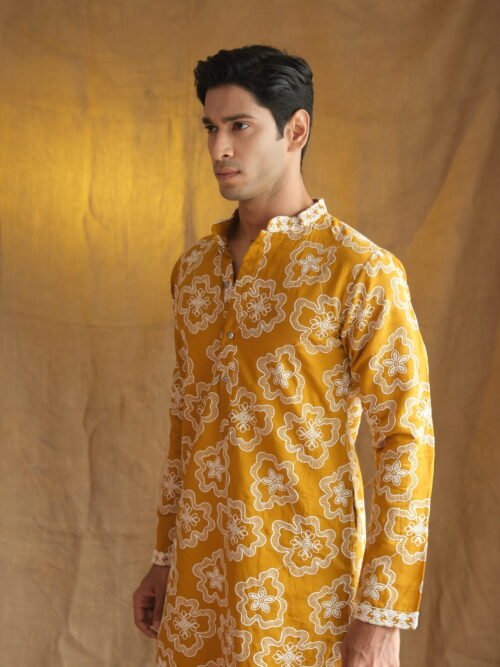 Men's Mustard Floral Embroidered Cotton Silk Kurta