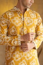 Men's Mustard Floral Embroidered Cotton Silk Kurta
