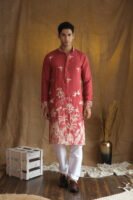 Men's Rust Red Floral Embroidered Cotton Silk Kurta