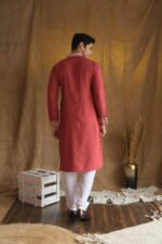 Men's Rust Red Floral Embroidered Cotton Silk Kurta
