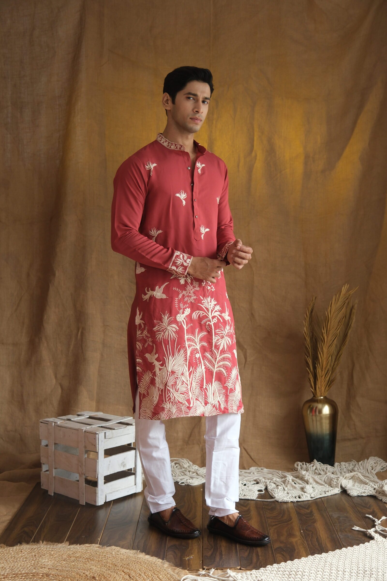 Men's Rust Red Floral Embroidered Cotton Silk Kurta