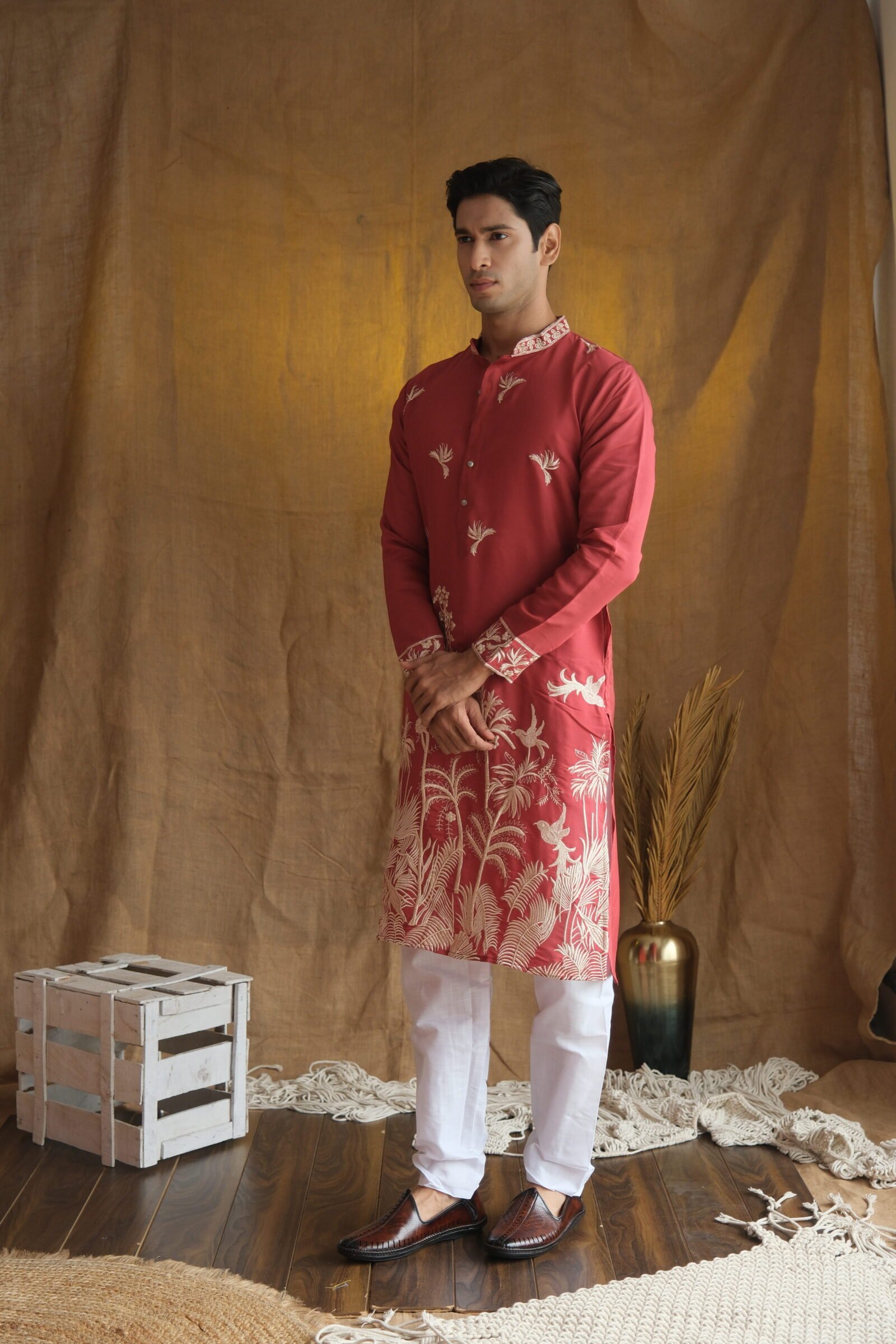 Men's Rust Red Floral Embroidered Cotton Silk Kurta