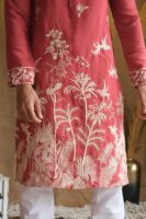 Men's Rust Red Floral Embroidered Cotton Silk Kurta