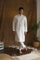 Men's White Cotton Silk Mirror Embroidery Work Men Kurta