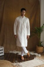 Men's White Cotton Silk Mirror Embroidery Work Men Kurta