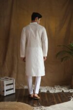 Men's White Cotton Silk Mirror Embroidery Work Men Kurta