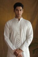 Men's White Cotton Silk Mirror Embroidery Work Men Kurta