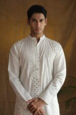 Men's White Cotton Silk Mirror Embroidery Work Men Kurta