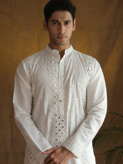 Men's White Cotton Silk Mirror Embroidery Work Men Kurta