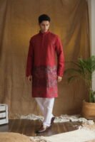 Men's Maroon Geometric Printed Sequinned Cotton Kurta