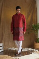 Men's Maroon Geometric Printed Sequinned Cotton Kurta