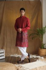 Men's Maroon Geometric Printed Sequinned Cotton Kurta