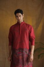 Men's Maroon Geometric Printed Sequinned Cotton Kurta