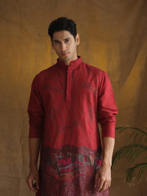 Men's Maroon Geometric Printed Sequinned Cotton Kurta