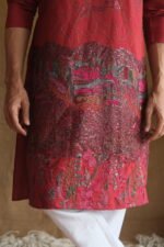 Men's Maroon Geometric Printed Sequinned Cotton Kurta