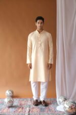 Men's Peach Solid Festive Cotton Straight Kurta