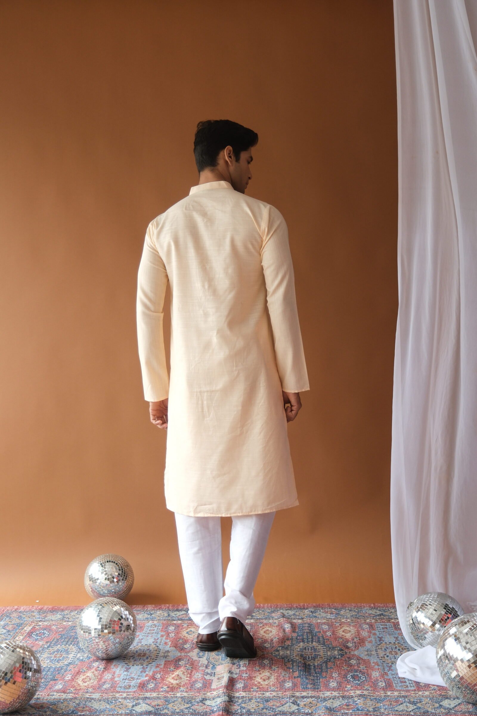 Men's Peach Solid Festive Cotton Straight Kurta