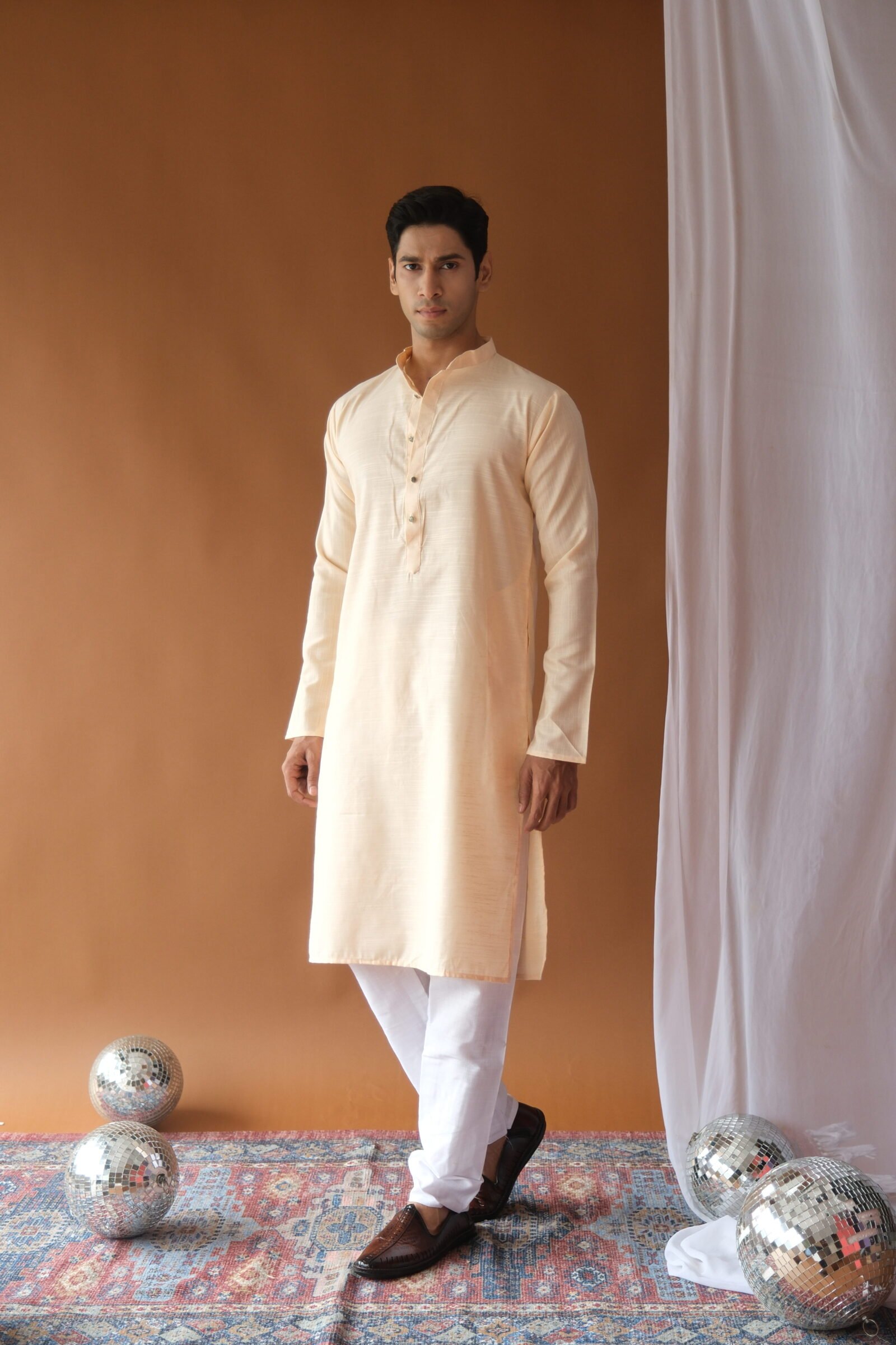 Men's Peach Solid Festive Cotton Straight Kurta