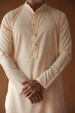 Men's Peach Solid Festive Cotton Straight Kurta