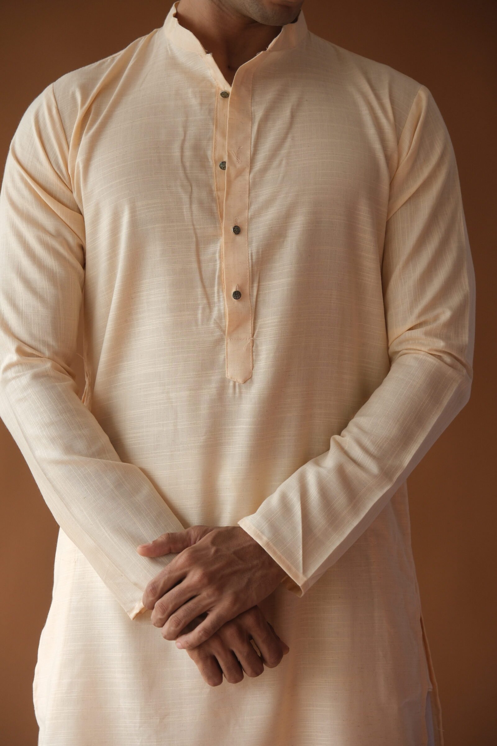 Men's Peach Solid Festive Cotton Straight Kurta