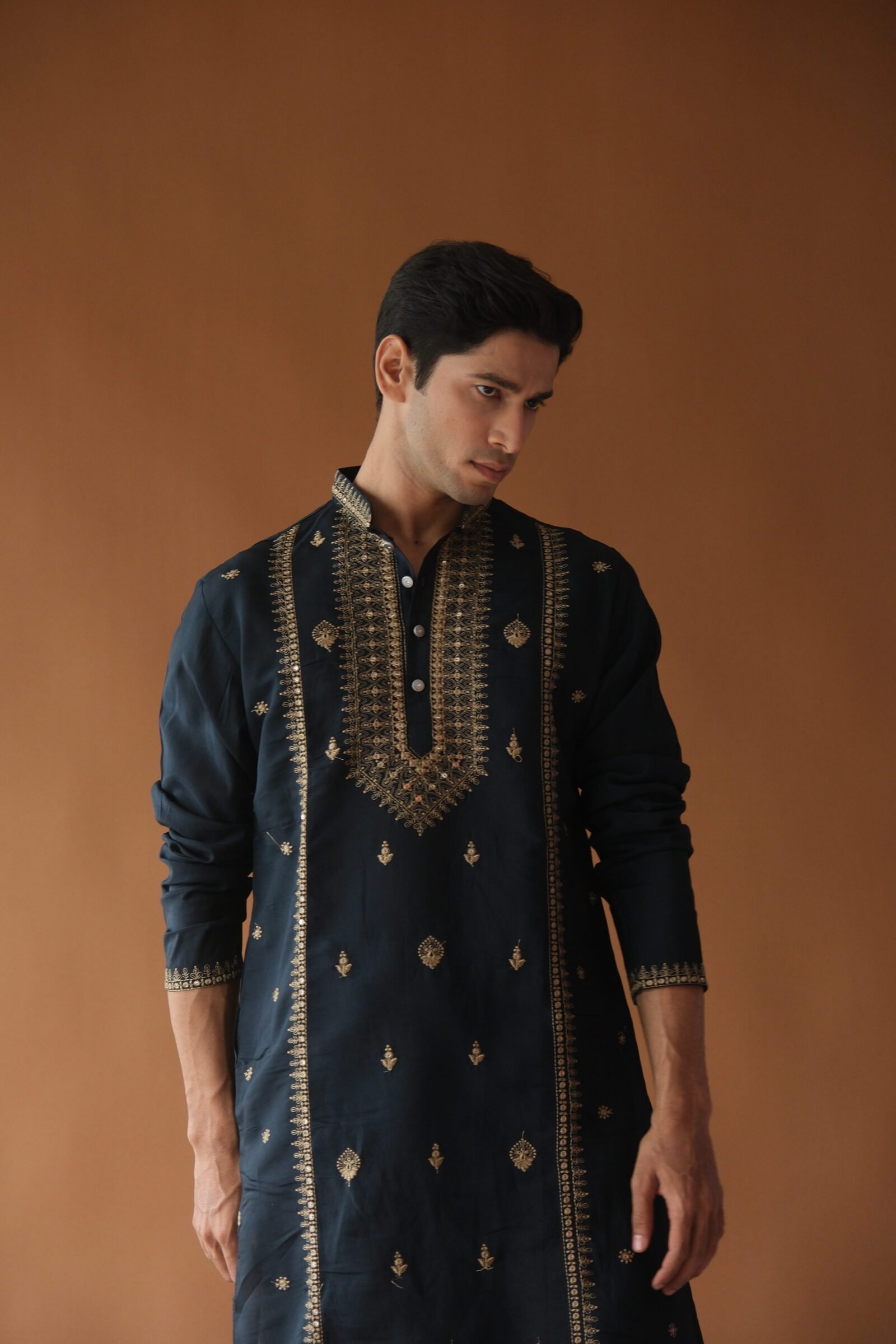 Sequin Navy Blue Neck-Work Embroidered Kurta for Men
