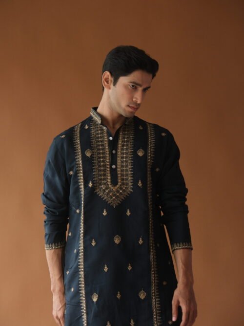 Sequin Navy Blue Neck-Work Embroidered Kurta for Men