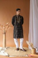 Sequin Navy Blue Neck-Work Embroidered Kurta for Men