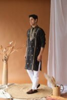 Sequin Navy Blue Neck-Work Embroidered Kurta for Men