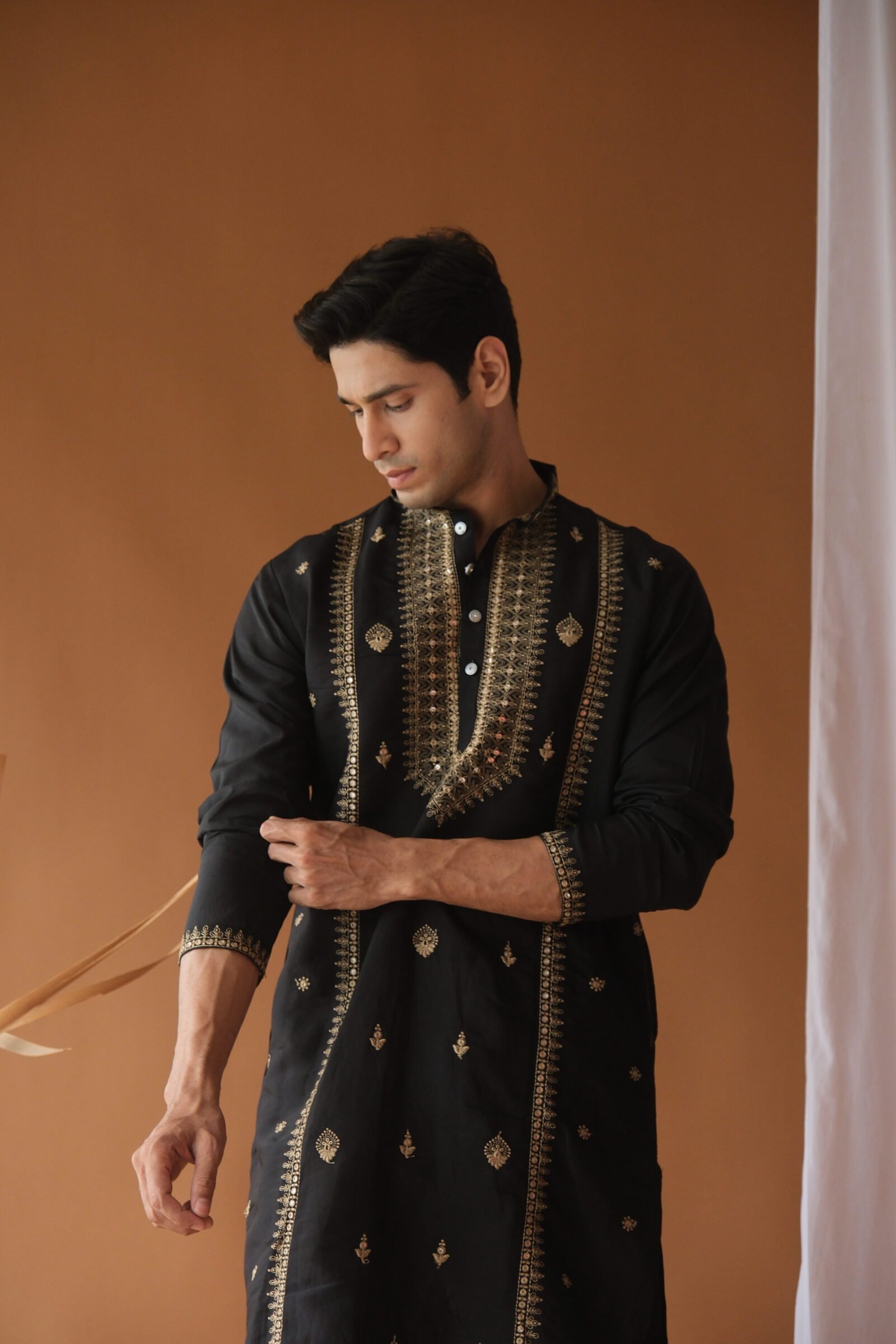 Sequin Navy Blue Neck-Work Embroidered Kurta for Men
