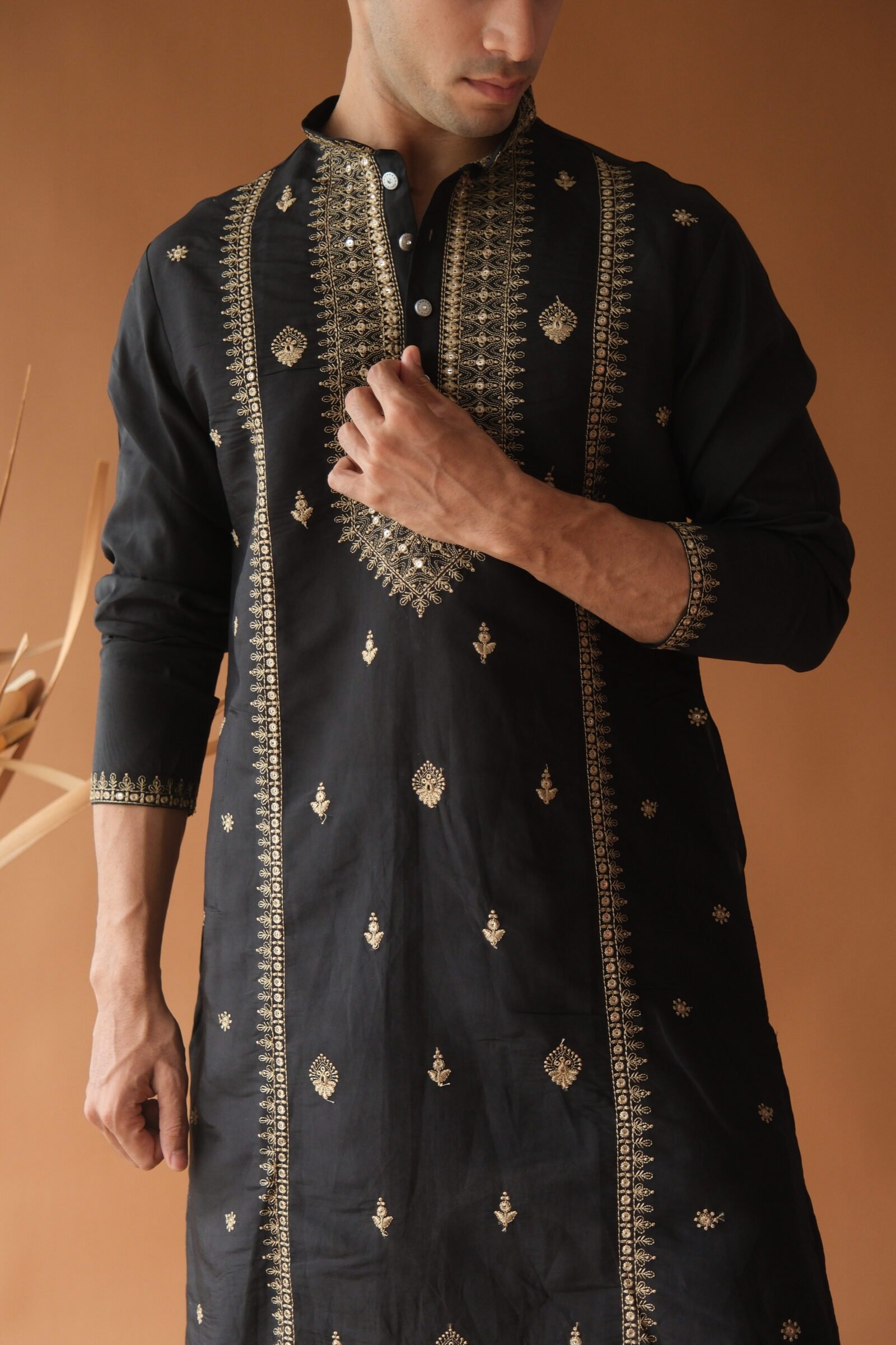 Sequin Navy Blue Neck-Work Embroidered Kurta for Men